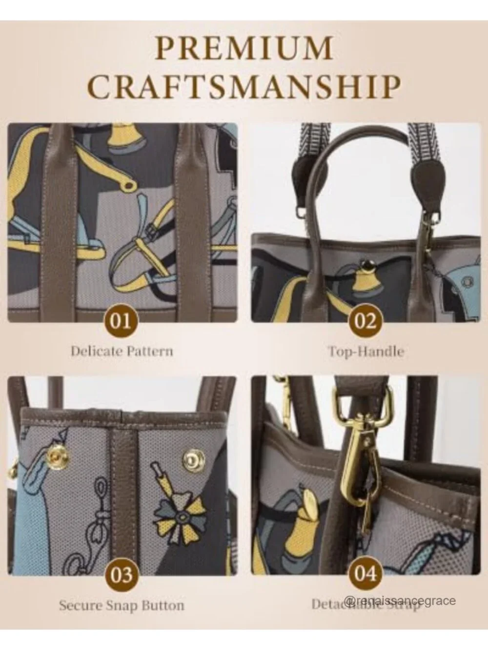 Tapestry Print Satchel Tote Handbag with Faux Leather Trim, Detachable